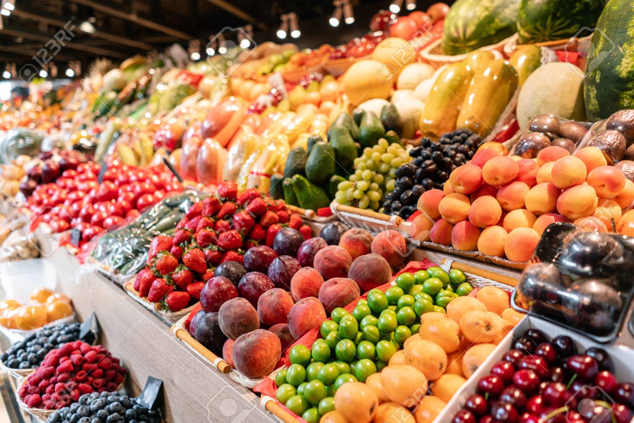 big choice of fresh Fruit and vegetable market. Various colorful fresh fruits and vegetables. Fresh and organic vegetables at farmers market.